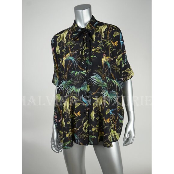 GUCCI SHIRT TROPICAL PRINT SILK CAPE TOP GROSGRAIN TIE BLOUSE sz IT 40 US 4 - Picture 4 of 12